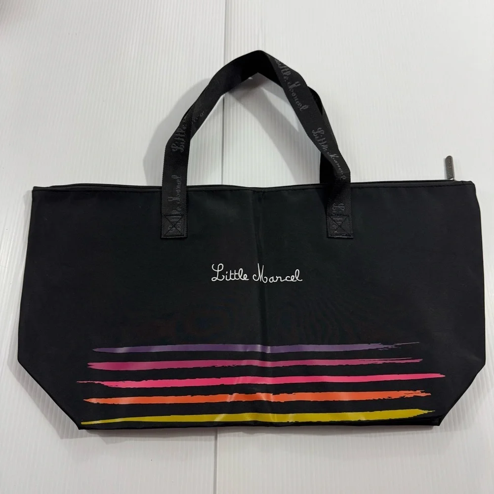 77. Little Marcel Black Tote with Colorful Stripes